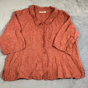FLAX Womens 100% Linen Button Down Shirt Terracotta Orange Size Medium